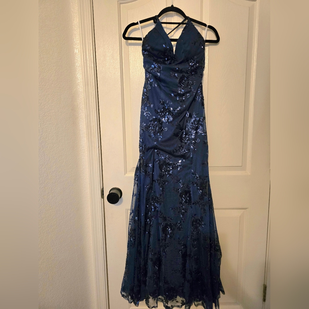 Elegant Navy Blue Sequin Evening Gown.